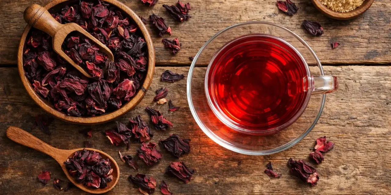 Infusion hibiscus bienfaits : une tasse de thé rouge vif à côté d'un bol de fleurs d'hibiscus séchées et d'une cuillère en bois.
