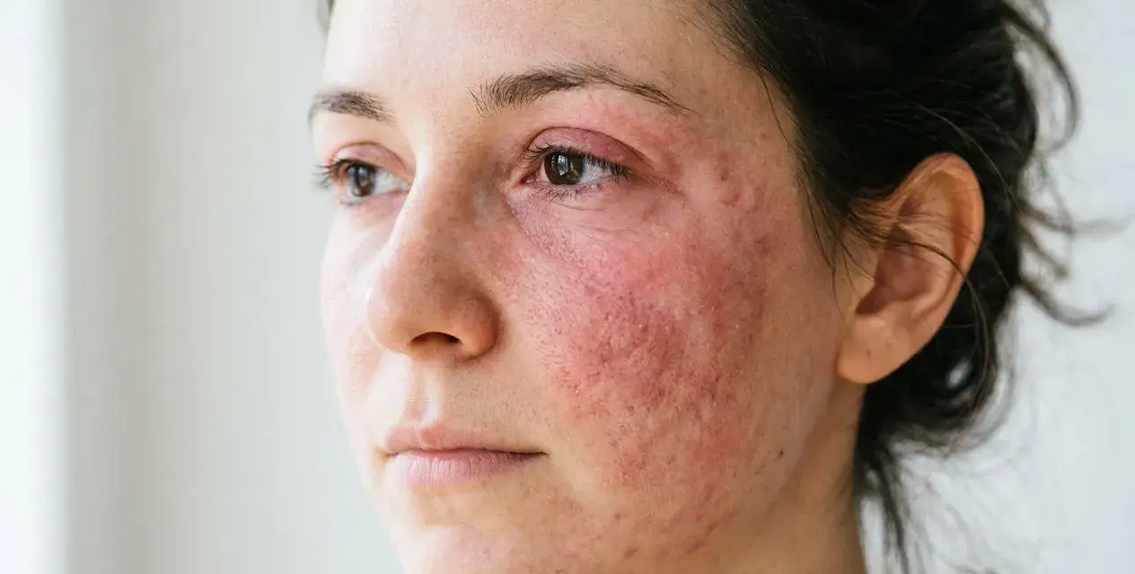 Visage d'une femme avec une peau rouge et irritée autour des yeux et sur les joues, possiblement une allergie au collagène.