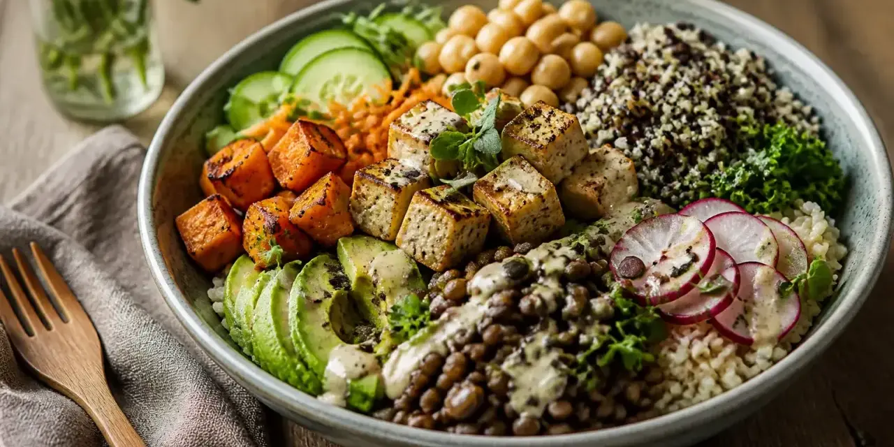 Un délicieux bouddha bowl coloré avec tofu grillé, patates douces, avocat, lentilles, pois chiches, quinoa et radis.