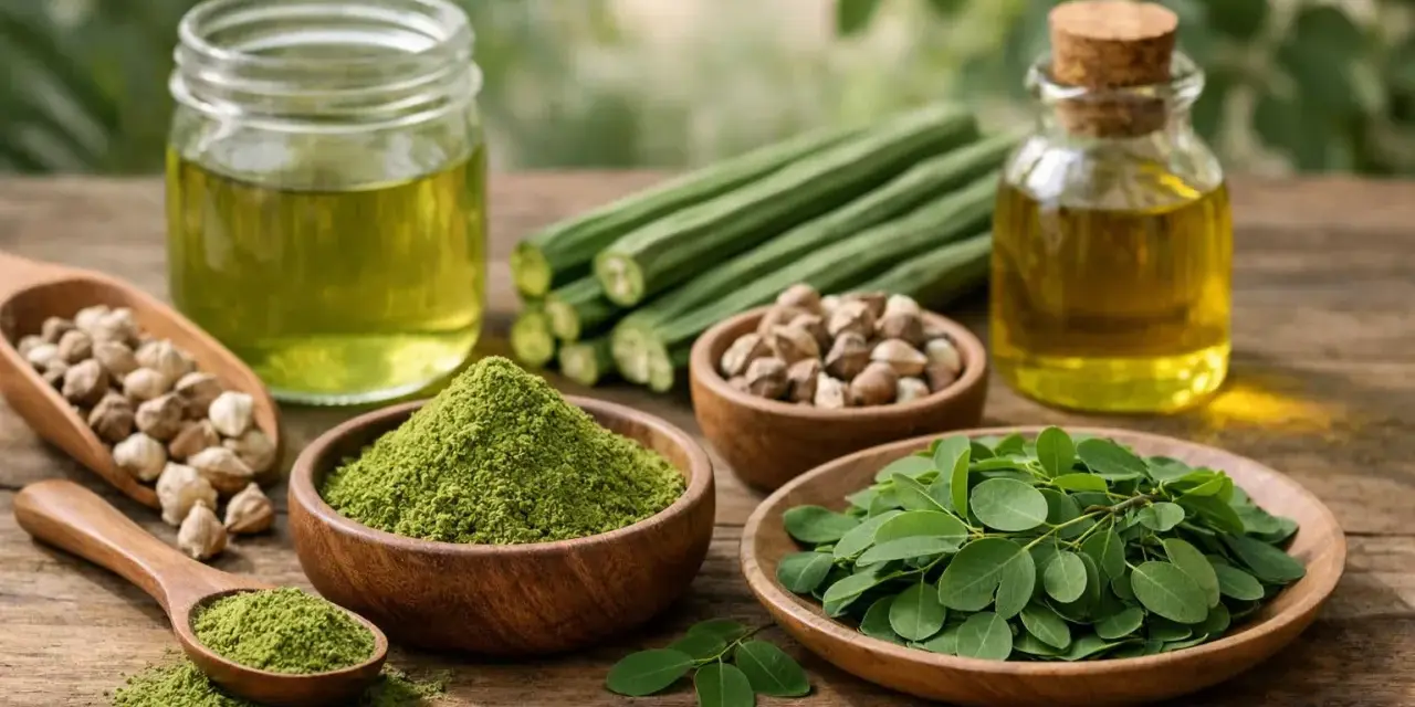 Huiles, feuilles, poudre et bâtonnets de moringa, illustrant les multiples moringa bienfaits pour la santé.