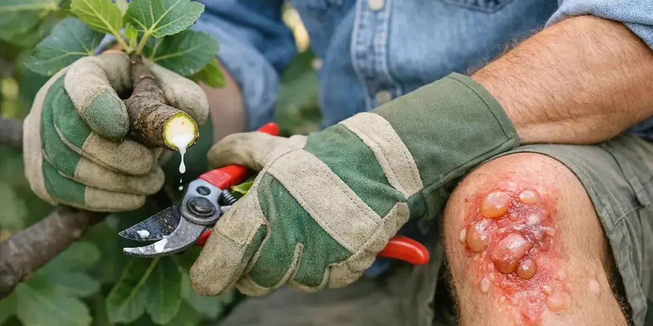 Gants verts protégeant des mains qui taillent une branche de figuier d'où coule la seve de figuier. Le genou porte une blessure avec des cloques.