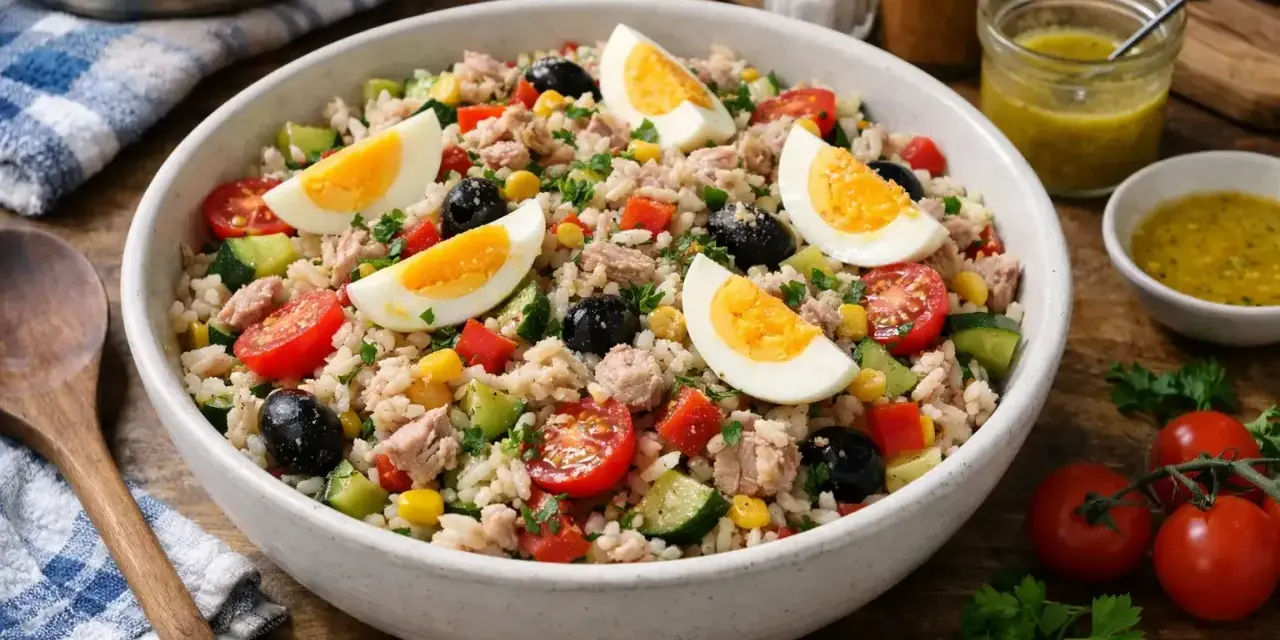Salade de riz aux œufs, thon, olives et tomates, assaisonnée d'une vinaigrette vinaigre de riz.
