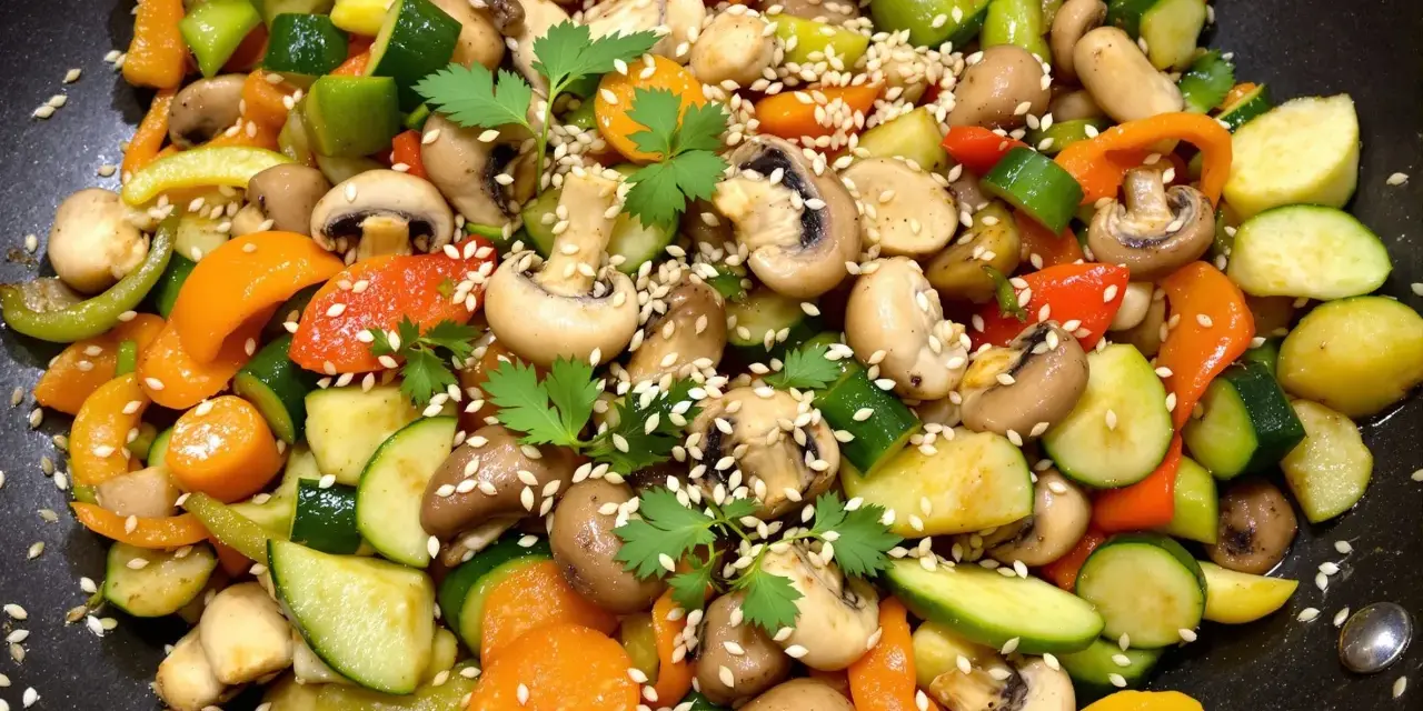 Un wok de légumes asiatique coloré avec des carottes, courgettes, poivrons et champignons, parsemé de graines de sésame et de persil frais.