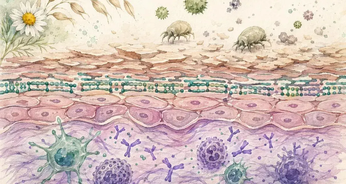 Coupe de peau montrant des acariens et des pollens déclenchant une réaction allergique avec des anticorps et des cellules immunitaires. Une prise de sang allergie peut révéler ces réactions.