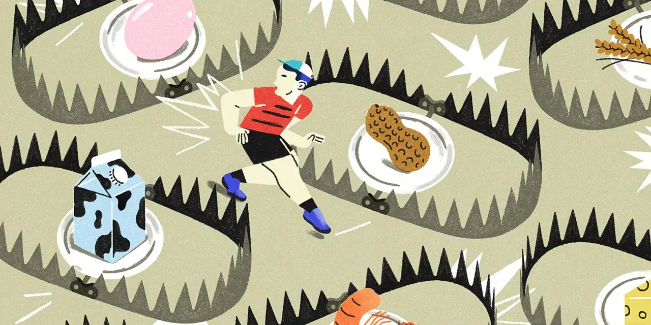 Un coureur esquive des pièges alimentaires : œuf, lait, poisson, cacahuète, crevette, fromage. Naviguer les allergies, comme une allergie au Nutella, est un parcours semé d'embûches.