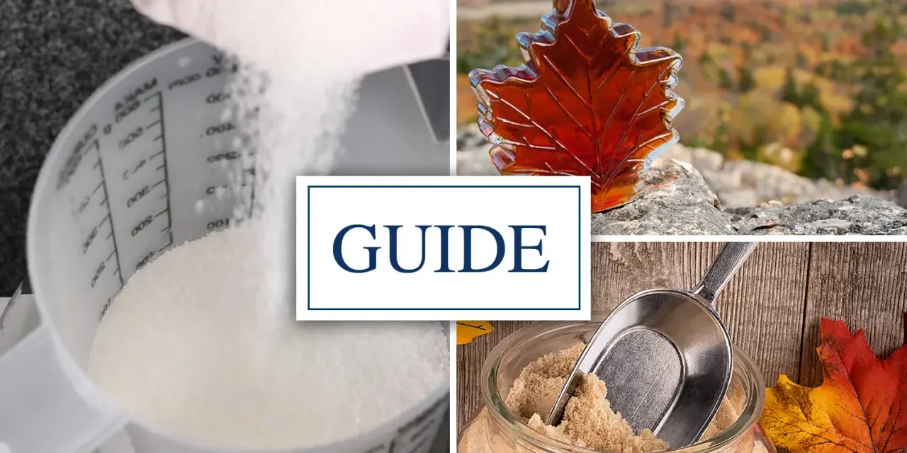 Guide : par quoi remplacer sirop d'érable. Sucre blanc, sirop ambré en feuille d'érable, cassonade.