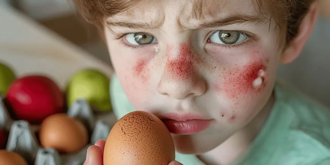 Visage d'enfant irrité, gros plan sur un œuf. Il semble souffrir d'une allergie œuf cru.