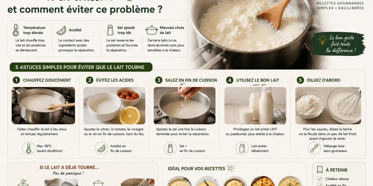 Pour éviter que le lait tourne, privilégiez le bon lait entier UHT. Si vous l'utilisez pour des sauces, diluez la farine dans du lait froid pour un mélange lisse.