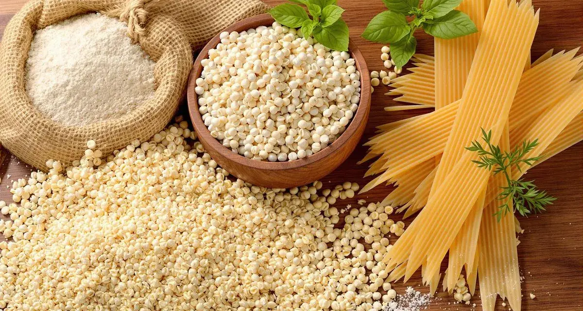 Farine de blé dur dans un sac en toile, à côté de petites pâtes rondes et de pâtes plates striées.