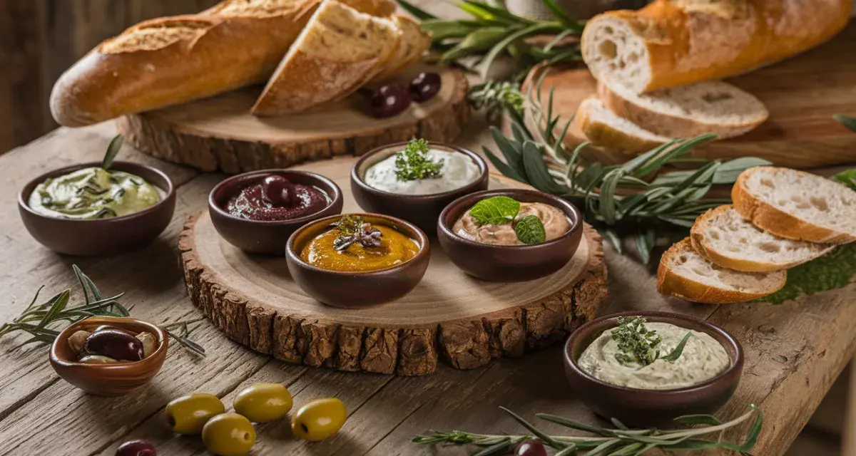 Assortiment de sauces dip colorées, accompagnées de pain frais et d'olives, sur une table en bois rustique.