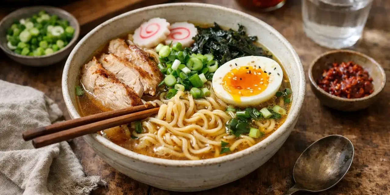 Un bol de ramen de poulet fumant avec des nouilles, des tranches de poulet grillé, un œuf mollet, des algues et des oignons verts.