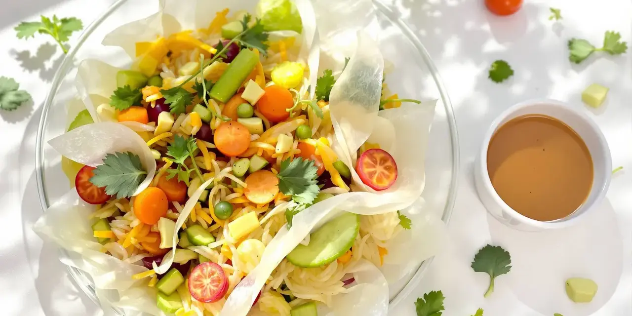 Un rouleau de printemps végétarien coloré, rempli de nouilles, carottes, concombre, pois et herbes fraîches, servi avec une sauce.