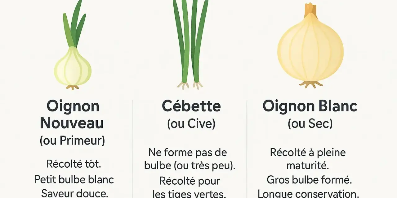 Trois variétés d'oignons : oignon nouveau (primeur) à petit bulbe blanc, cébette aux tiges vertes, et oignon blanc (sec) à gros bulbe.