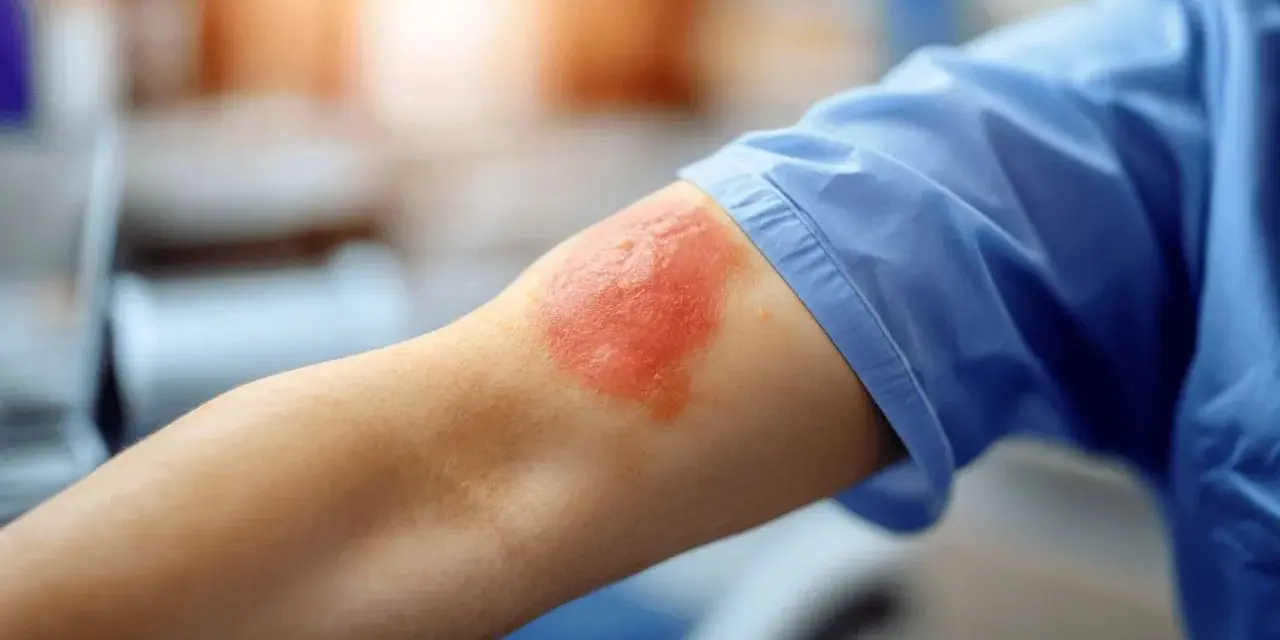 Éruption cutanée rouge et enflammée sur le bras, possiblement due à une allergie au blanc d'œuf.