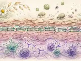 Coupe de peau montrant des acariens et des pollens déclenchant une réaction allergique avec des anticorps et des cellules immunitaires. Une prise de sang allergie peut révéler ces réactions.