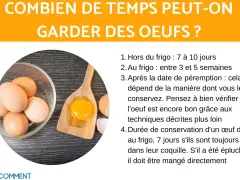 Des œufs dans un bol et une cuillère avec un jaune d'œuf. Le texte parle de la conservation des œufs, y compris la conservation d'un œuf dur.