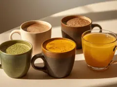 Quatre tasses de boissons colorées : matcha, curcuma, chocolat chaud et boisson dorée. Une belle alternative au café pour commencer la journée.