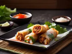 Des nems croustillants, parfaits pour une recette facile. Ils sont servis avec une sauce et du riz.