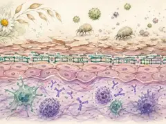 Coupe de peau montrant des acariens et des pollens déclenchant une réaction allergique avec des anticorps et des cellules immunitaires. Une prise de sang allergie peut révéler ces réactions.