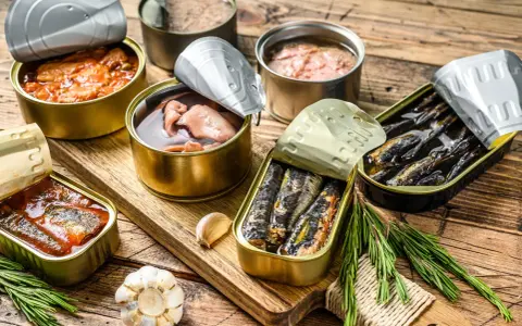 Boîtes de sardines, maquereaux et autres conserves de poisson. Un plat qui peut déclencher une allergie au poisson.