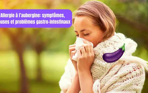 Une jeune femme éternue dans un mouchoir, une aubergine stylisée à côté d'elle. Elle souffre peut-être d'une allergie aubergine.