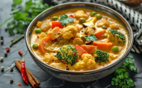 Un délicieux coco curry végétarien, riche en brocolis, chou-fleur et carottes, garni de coriandre fraîche.