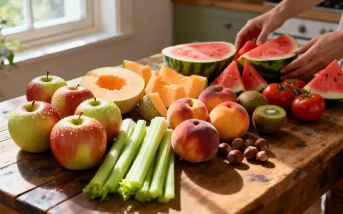 Fruits et légumes frais sur une table en bois. Une alimentation saine peut aider à gérer une allergie aux graminées.