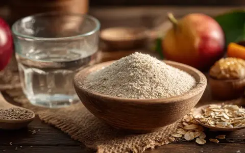 Un bol de psyllium en poudre, des flocons d'avoine, des fruits et un verre d'eau. Découvrez les psyllium bienfaits pour une alimentation saine.