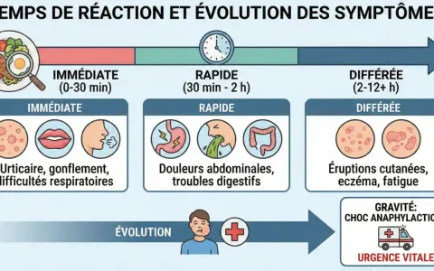 Graphique illustrant les temps de réaction et symptômes d'une allergie, incluant urticaire, troubles digestifs et éruptions cutanées. Une allergie au collagène peut se manifester rapidement ou tardivement.