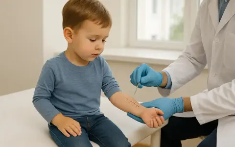 Un enfant subit un test cutané pour diagnostiquer une allergie au maïs. Le médecin, ganté, utilise un instrument pour introduire des allergènes sur son bras.