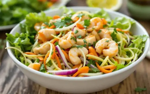 Salade de nouilles thaï colorée avec crevettes, carottes râpées, oignons rouges et coriandre fraîche, servie dans un bol blanc.