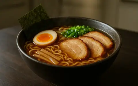 Un bol fumant de recette ramen japonais traditionnel : nouilles, œuf mollet, porc chashu, ciboule et algue nori.