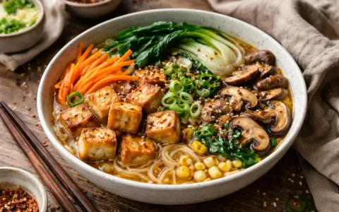 Un bol de ramen veggie appétissant avec des cubes de tofu croustillants, des champignons, du bok choy, des carottes et du maïs.