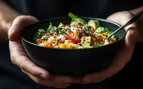 Un bol de riz coloré garni d'avocat, de tomates et de graines de sésame, prêt à être dégusté.