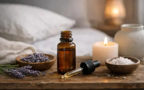 Huile essentielle de lavande, un somnifère naturel, avec des fleurs séchées, du sel et une bougie allumée pour une ambiance relaxante.