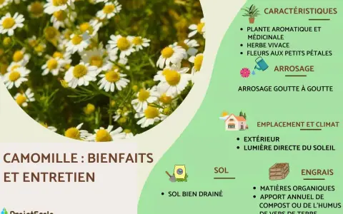 Camomille : bienfaits et entretien. Plante aromatique et médicinale aux fleurs blanches et jaunes, idéale pour le jardin.