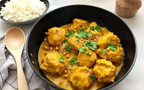 Boulettes de poulet au curry, parsemées de sésame et de coriandre, servies avec du riz blanc. Une recette de riz au curry facile et savoureuse.
