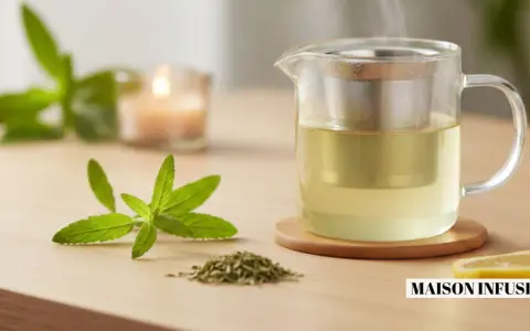 Une théière en verre fumante contient une tisane verveine dorée. Des feuilles fraîches et séchées de verveine, ainsi qu'une tranche de citron, complètent la scène.