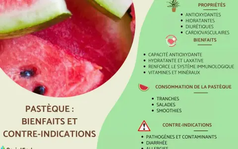 Gros plan sur une pastèque juteuse, avec une liste des bienfaits de la pastèque : hydratante, antioxydante, et renforce le système immunologique.