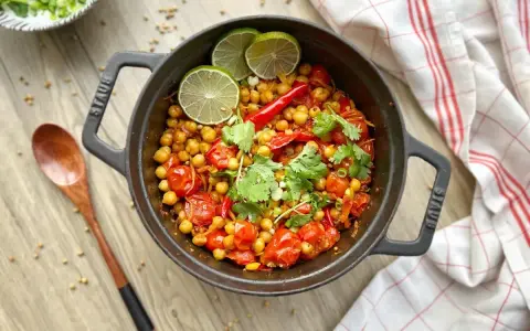 Un délicieux curry thaï végétarien aux pois chiches, tomates et coriandre, garni de quartiers de citron vert.