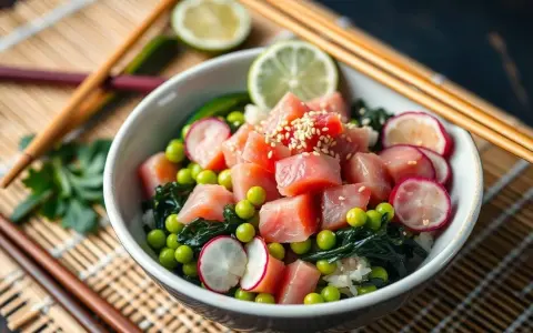 Un délicieux poke bowl riz avec du thon cru, des petits pois, des radis, des algues et des graines de sésame.