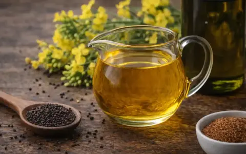Un pichet de liquide doré, l'huile de colza cuisson, à côté de graines et de fleurs jaunes.