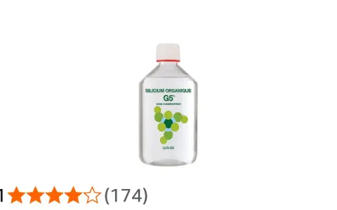 Bouteille de silicium organique G5, sans conservateur, avec un logo de molécules vertes. Évaluation 4,1 étoiles.