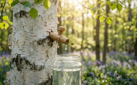 Goutte à goutte, la seve de bouleau coule dans un bocal. La forêt s'éveille au printemps, baignée d'une douce lumière.