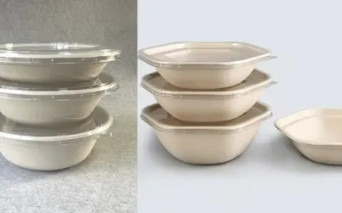 Empilement de bols à sauce en carton biodégradable avec couvercles transparents. Parfait pour emporter vos plats préférés.