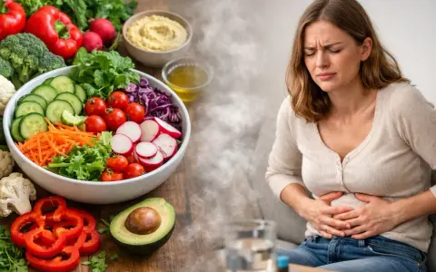 Une femme souffre de maux d'estomac après avoir mangé une salade verte.