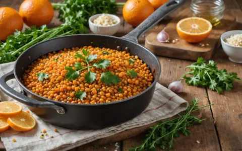 Poêle remplie de lentilles dorées, garnie de persil frais. Autour, des oranges, de l'ail et des épices suggèrent un plat savoureux.