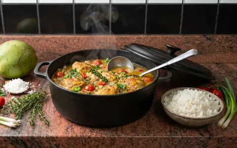 Un plat fumant de poulet au riz et lait de coco, garni de tomates cerises et de poivrons. Une invitation à découvrir cette recette savoureuse.