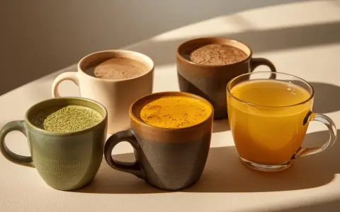 Quatre tasses de boissons colorées : matcha, curcuma, chocolat chaud et boisson dorée. Une belle alternative au café pour commencer la journée.