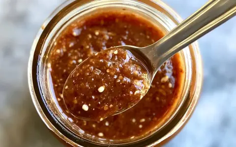 Une cuillère remplie de sauce asiatique pour riz, avec des graines visibles, sort d'un pot en verre.